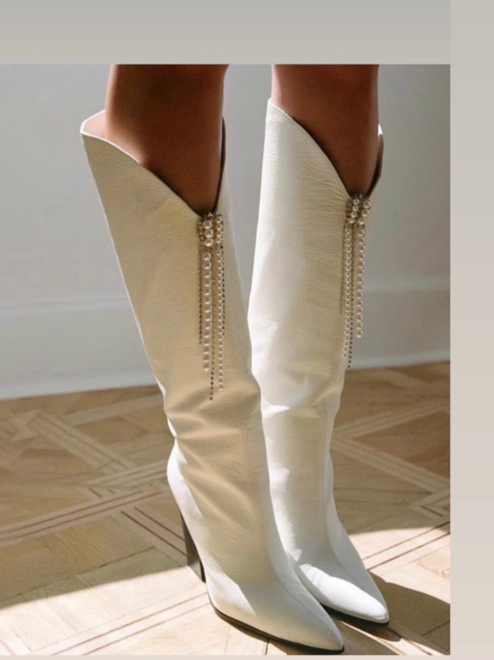 Magda Butrym White Leather Pearl Fringe Boots 37 Rare Runway western luxury